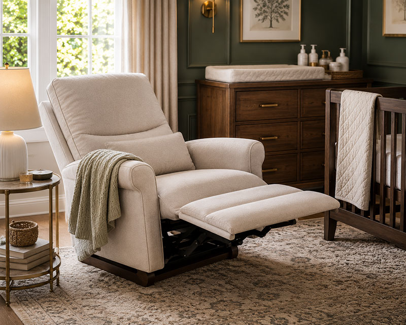 nursery recliner with extended footrest and extra room for longer legs