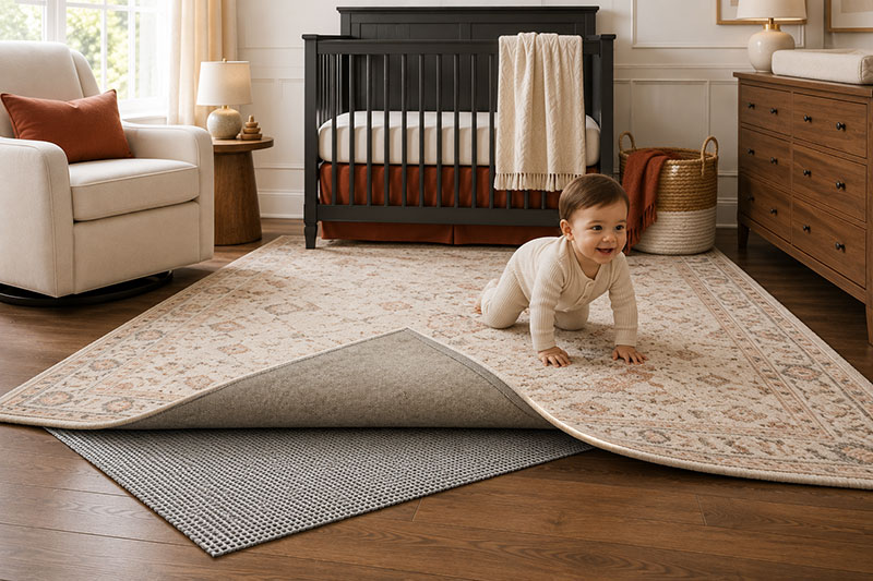 Nursery rug with proper rug pad beneath furniture