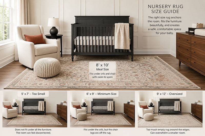 Nursery rug size guide showing proper rug proportions beneath nursery furniture