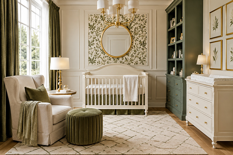 Nursery rug placed beneath a crib and nursery furniture showing proper rug size and placement