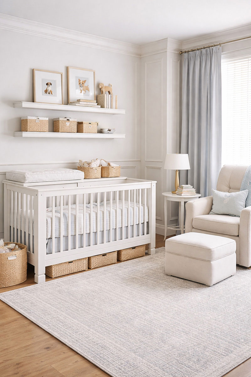 Small nursery with smart storage ideas including dresser baskets, wall shelves, and under-crib organization