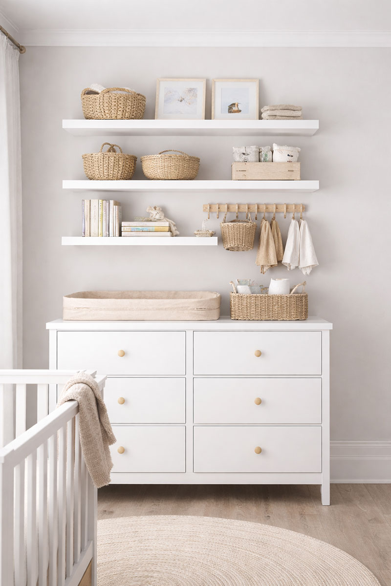 Small nursery with floating wall shelves above a dresser to maximize vertical storage