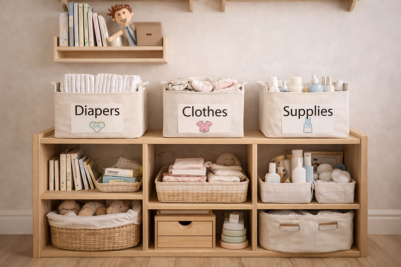 Nursery storage zones for diapers, clothes, and supplies to avoid common nursery storage mistakes