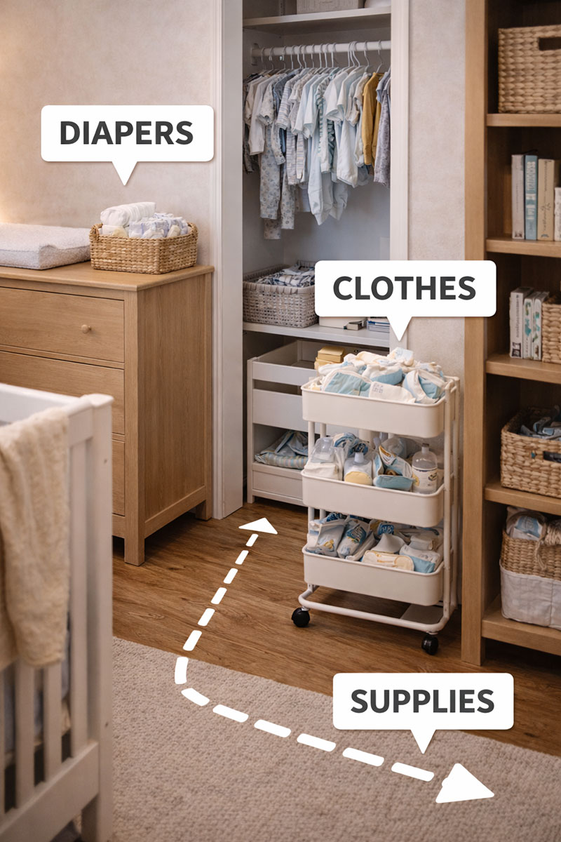 Nursery storage zones clearly organized for diapers, clothes, and daily baby supplies to prevent common setup mistakes