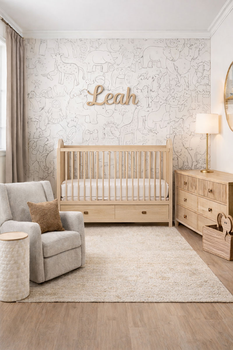 Neutral nursery with convertible crib and timeless decor designed to grow with a child