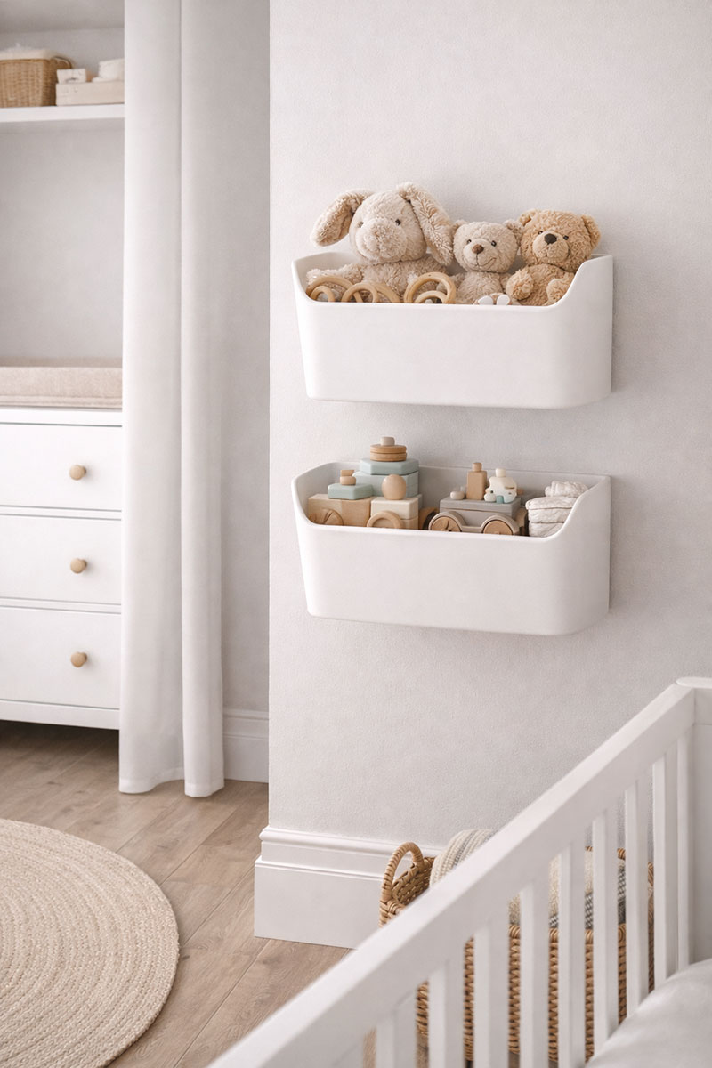 Wall-mounted toy bins in a small nursery keeping floor space clear