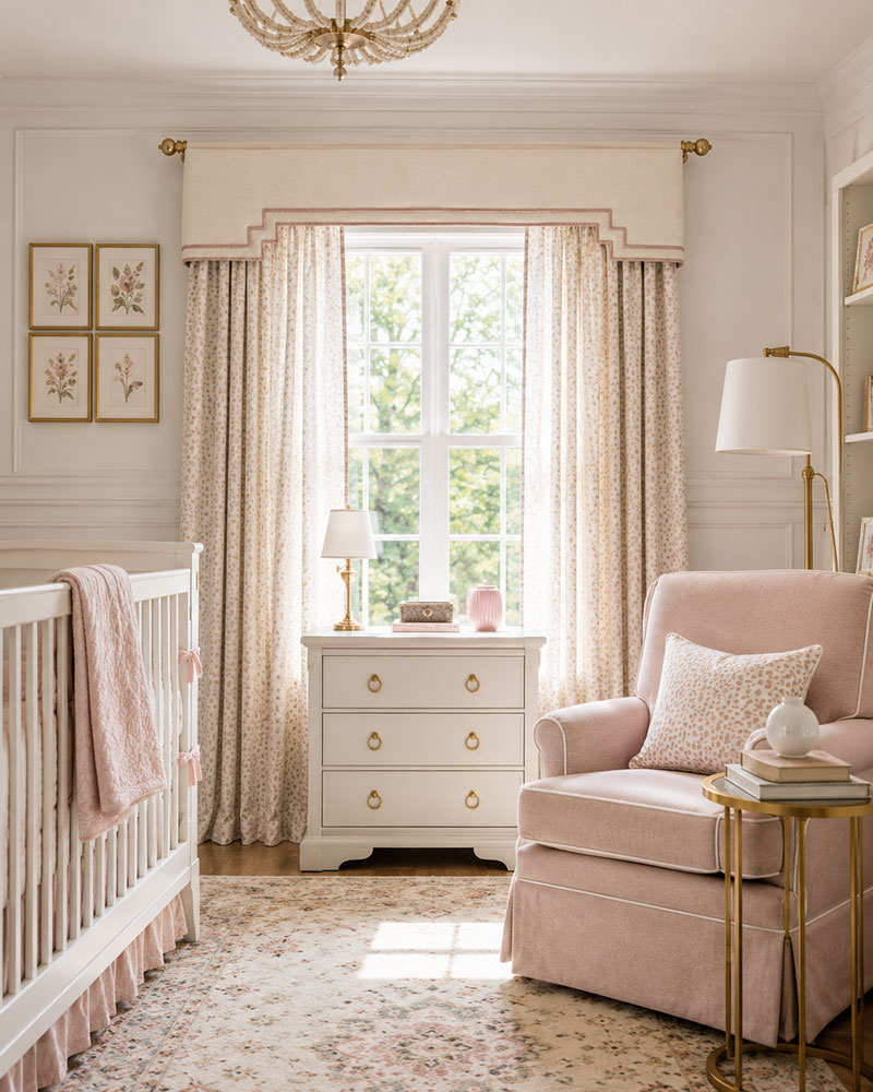 Nursery window valance ideas with tailored fabric topper