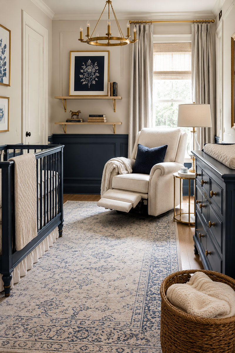 Walking space around nursery recliner beside crib and dresser