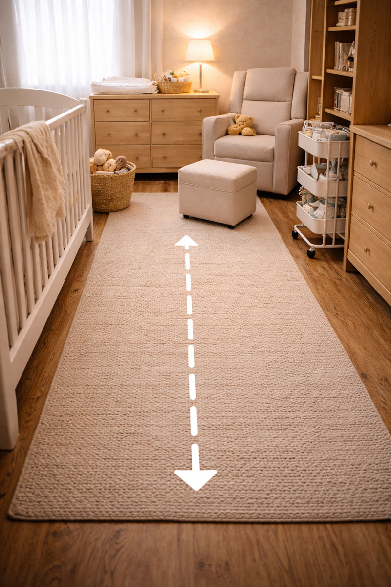 Nursery walkway space check showing clear path between crib, chair, and dresser for comfortable movement