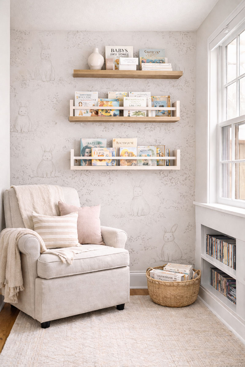 Floating nursery bookshelves mounted above reading chair