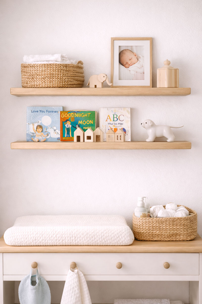 styled nursery wall shelves with books and framed photos