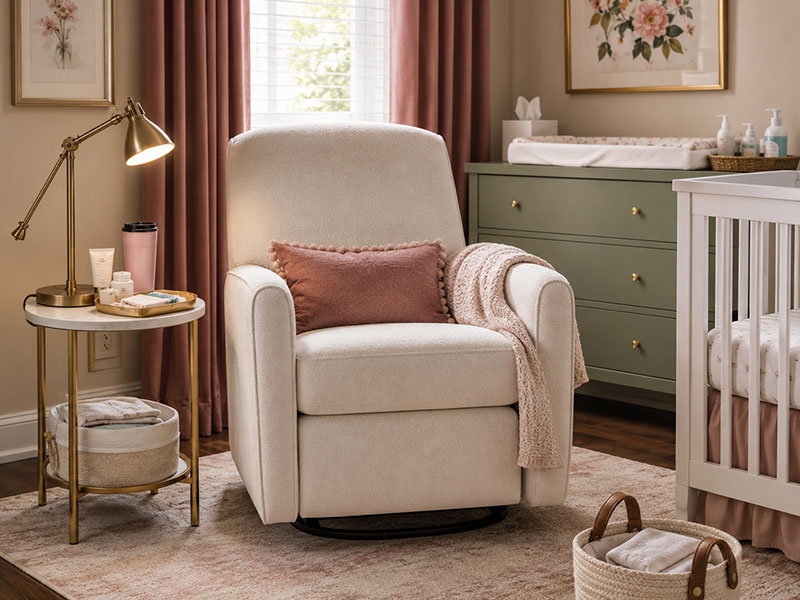 Nursing chair reach zone with narrow side table in a small nursery