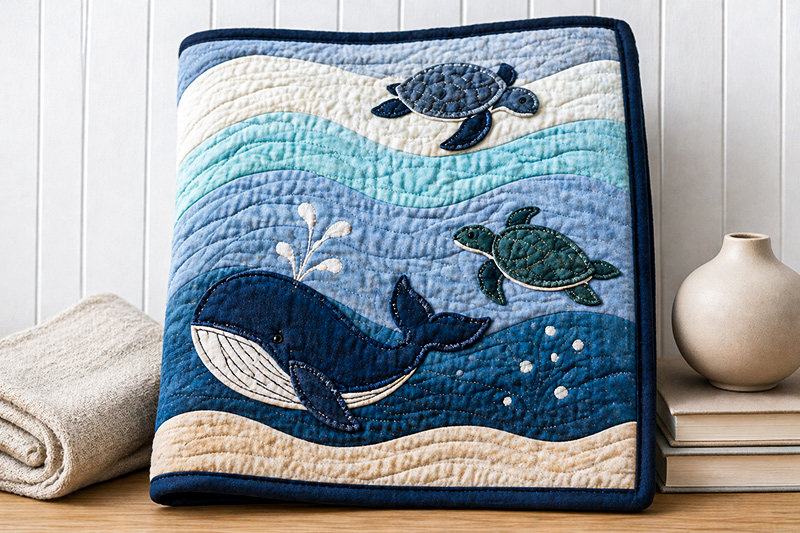 Ocean baby crib quilt pattern with coastal blue waves, whales, and sea turtle nursery details