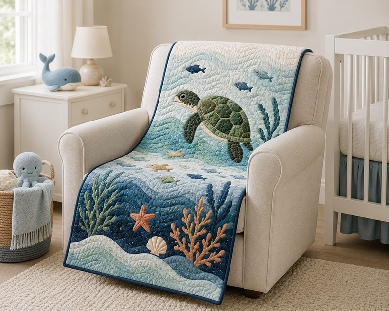 Ocean baby quilt folded over a nursery chair beside a white crib