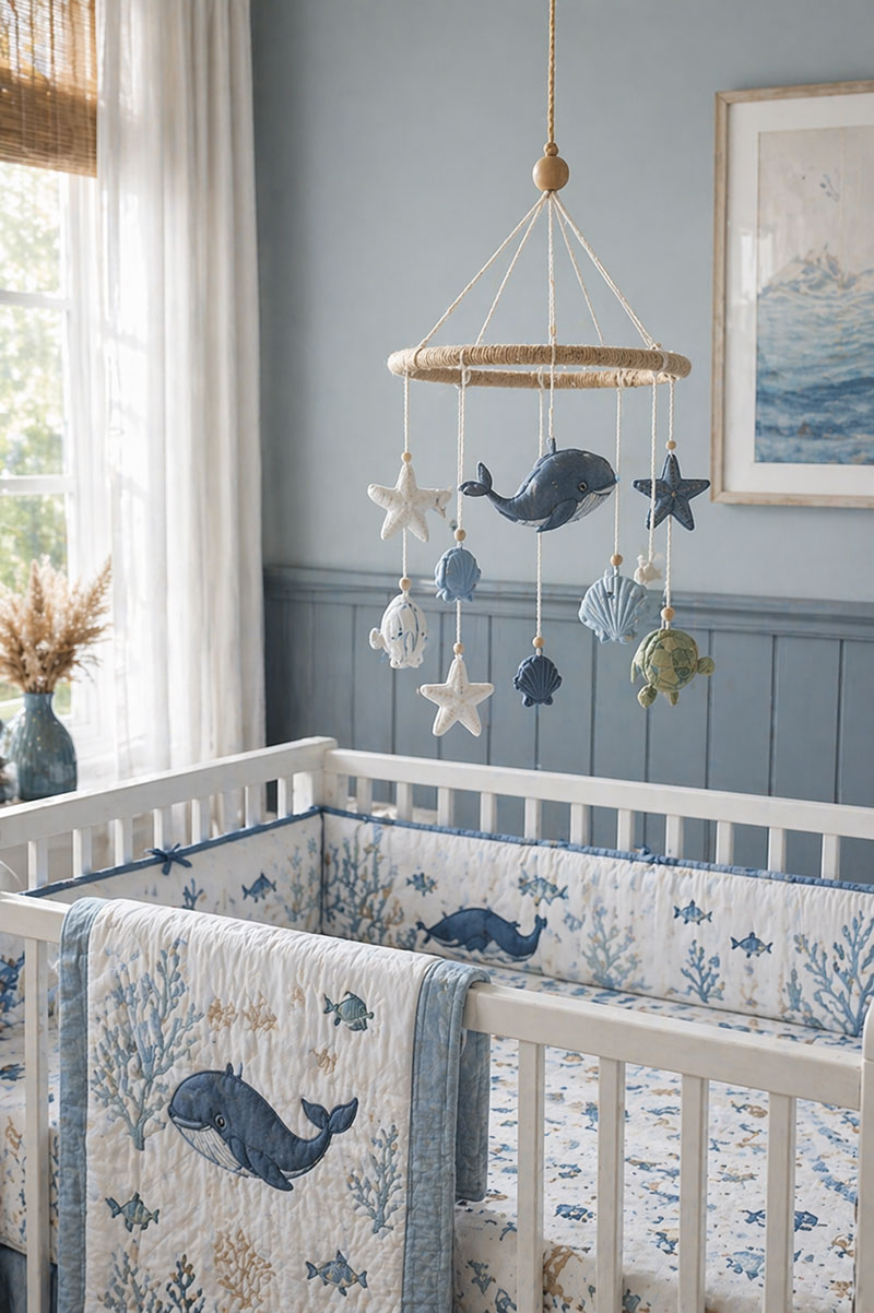 Ocean crib mobile with sea shapes balanced over crib