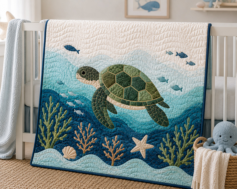 Ocean crib quilt safely displayed on a nursery chair outside the crib