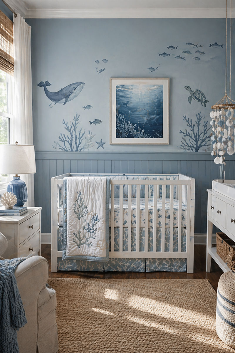Ocean themed nursery with layered blue wall tones and simple crib layout