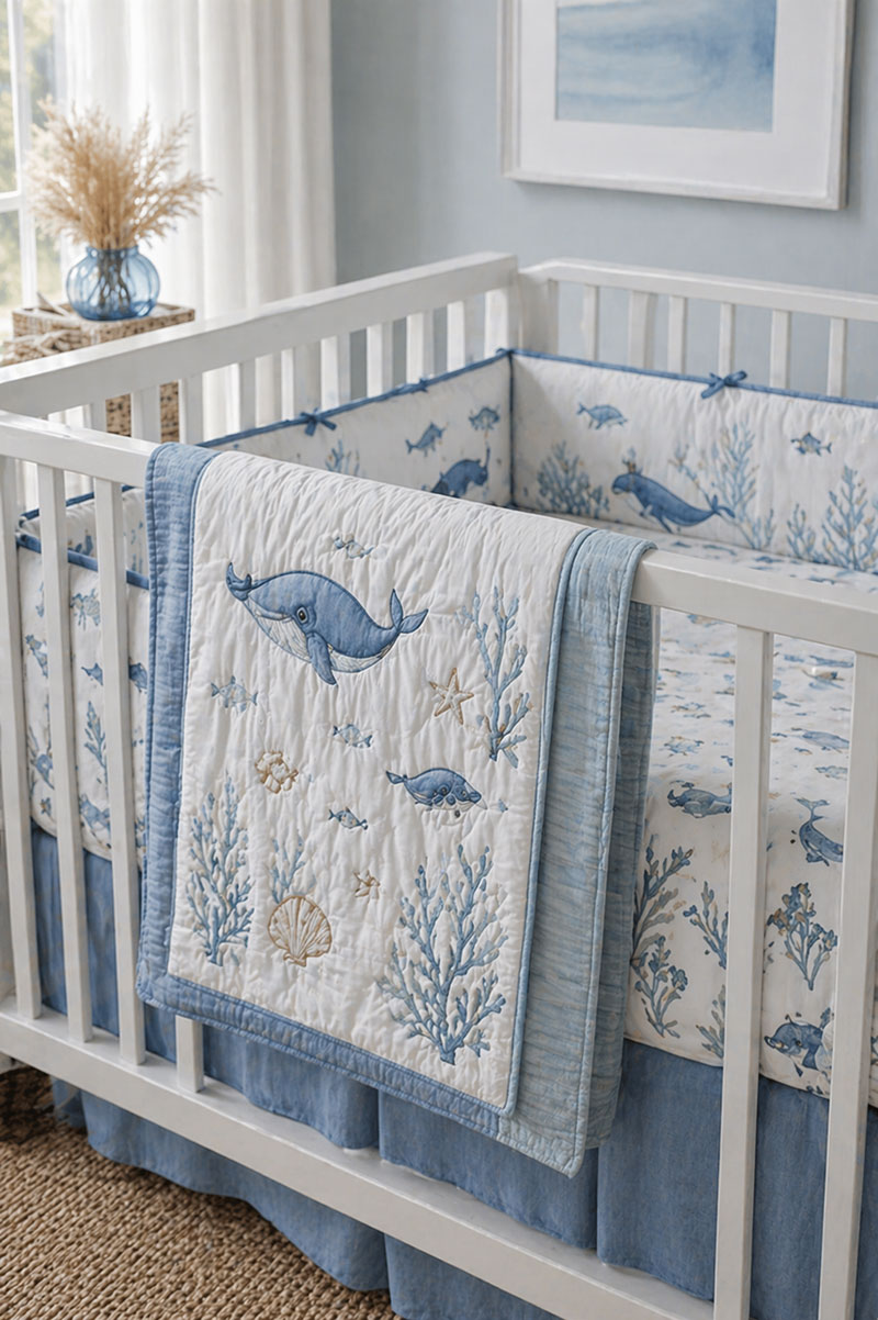 Ocean themed crib bedding with whales and sea creatures in a coordinated nursery setup