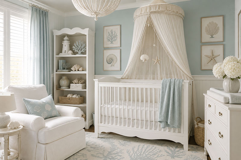 Ocean nursery decor with coastal wall art, a white crib, blue accents, and sea-inspired baby room details