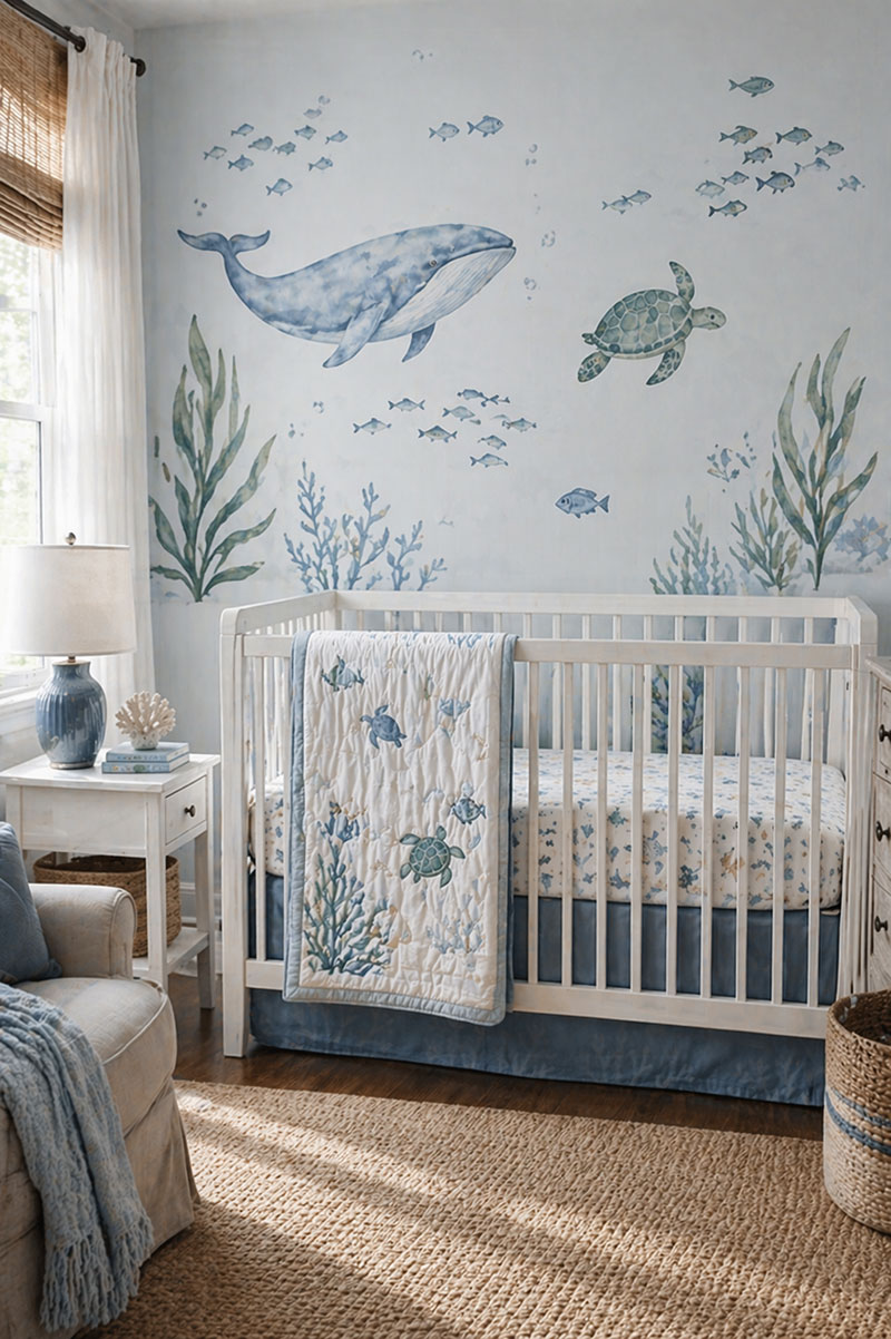 Ocean nursery wall with sea life decals arranged around crib area