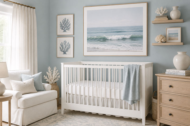 Ocean nursery wall decor with framed coastal artwork and white crib