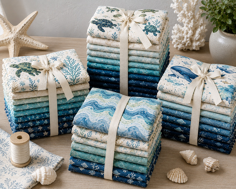 Ocean quilt fabric bundles in navy, aqua, gray blue, ivory, and sand colors