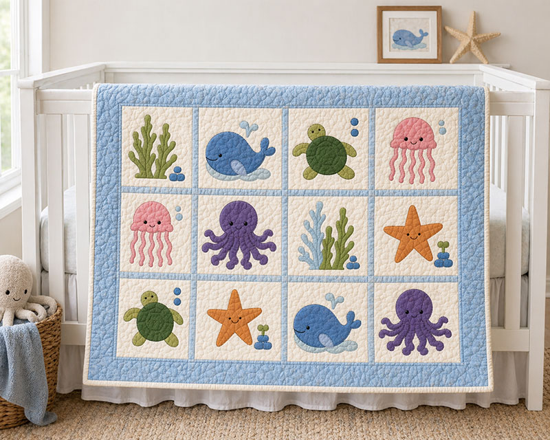 finished ocean baby quilt on crib