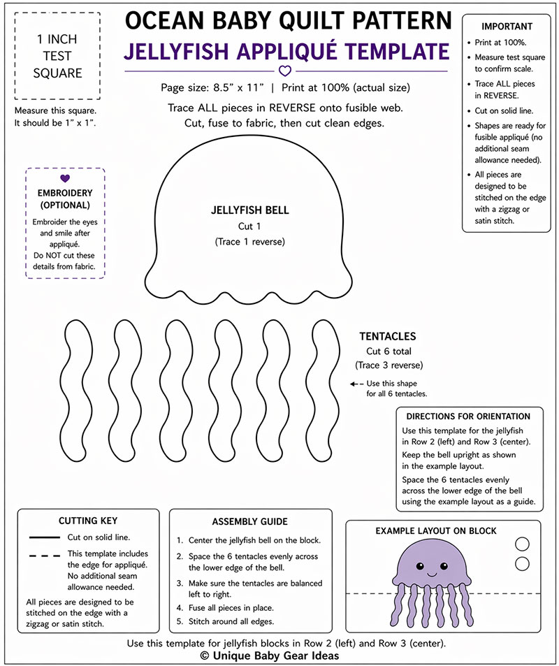 Printable jellyfish appliqué template for ocean baby quilt pattern with cut lines and 1 inch test square