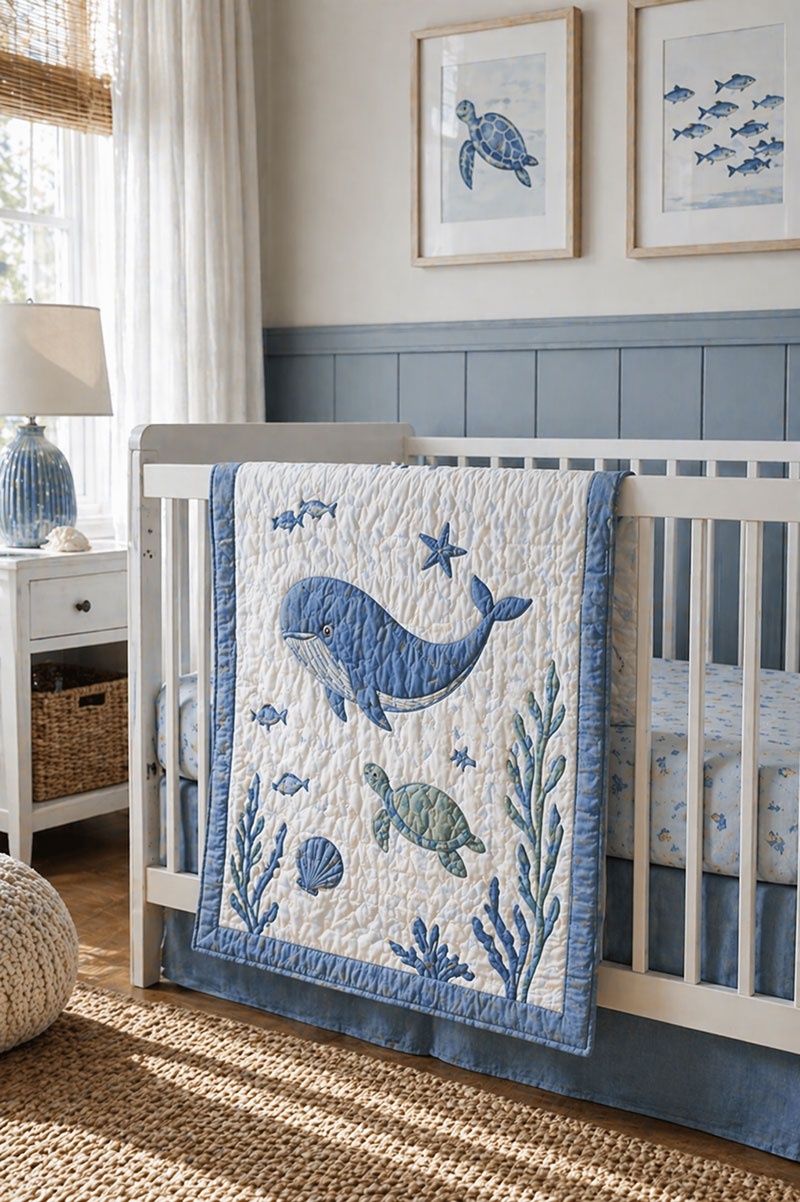 Ocean quilt and crochet pieces used as nursery decor accents