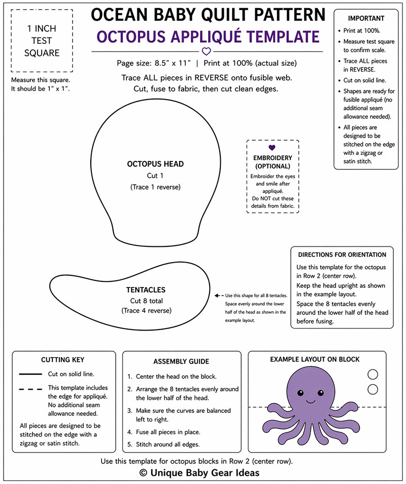 Printable octopus appliqué template for ocean baby quilt pattern with cut lines and 1 inch test square