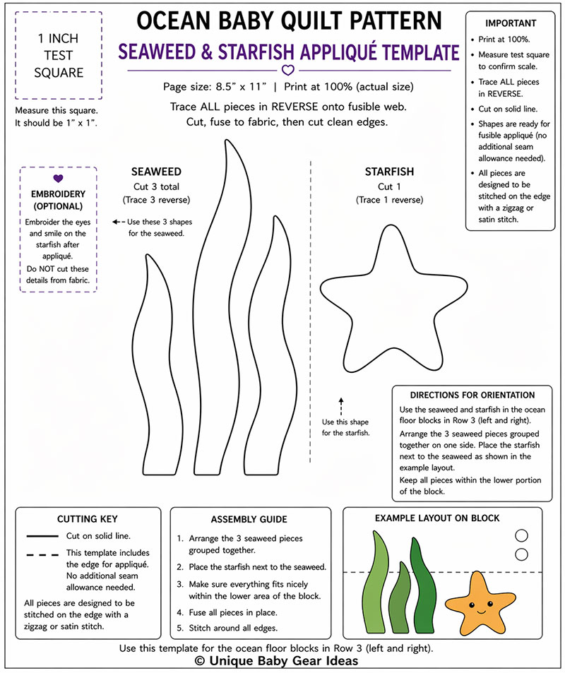 Printable seaweed and starfish appliqué template for ocean baby quilt pattern with cut lines and 1 inch test square