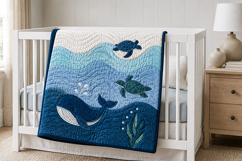 Ocean wave crib quilt in a coastal nursery with blue fabric rows and white crib