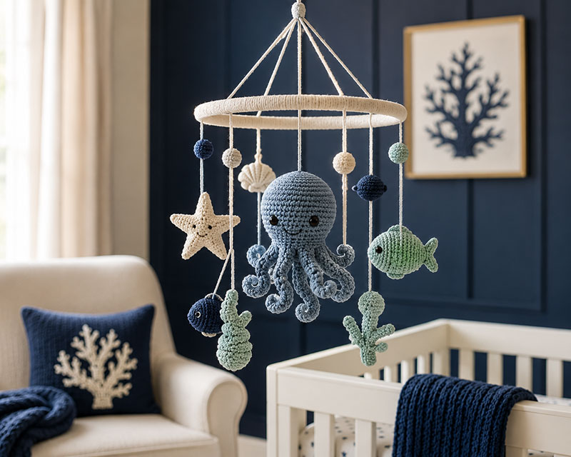 Octopus crochet mobile in a luxury under the sea nursery