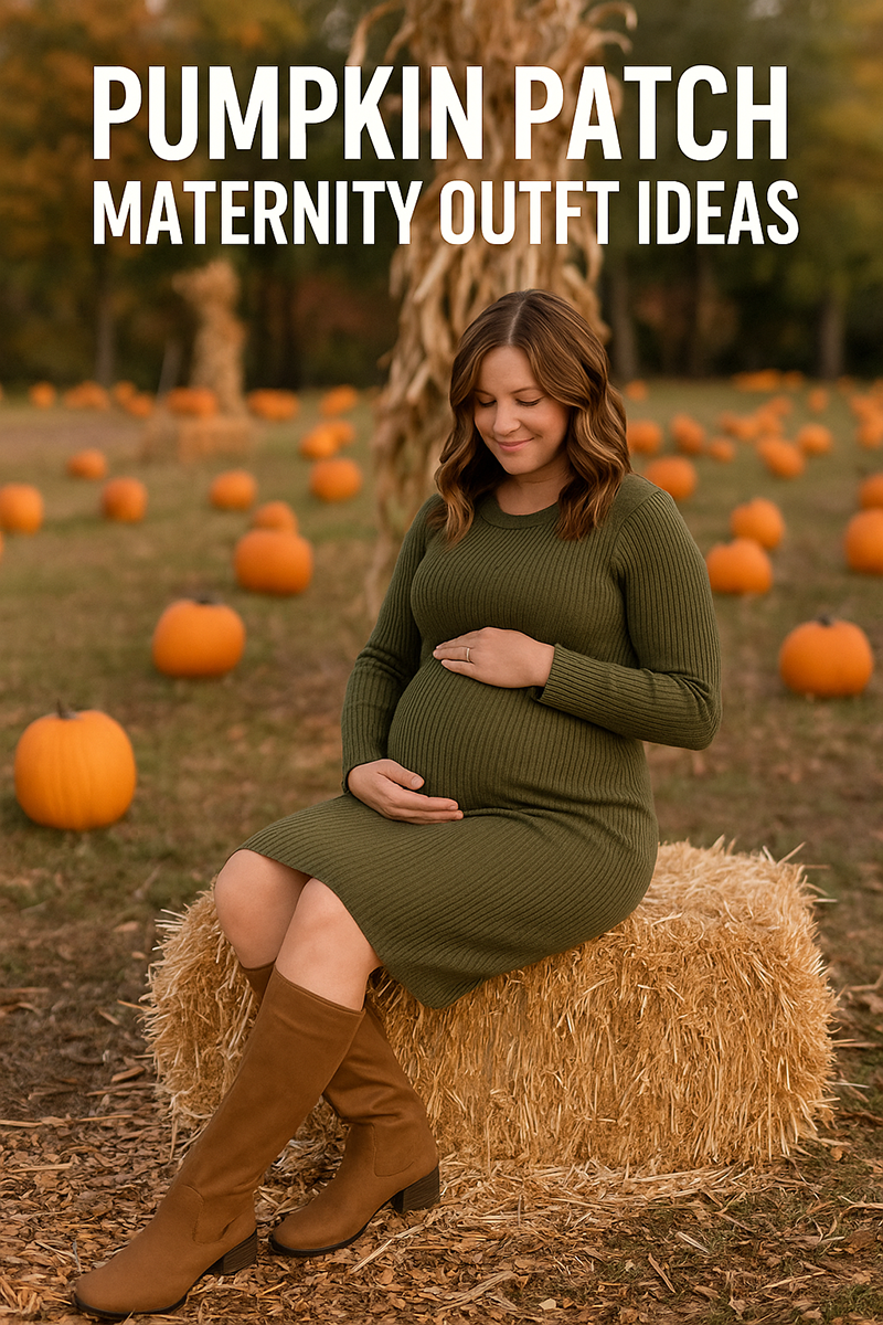 Pregnant woman in an olive-green sweater dress and brown boots sitting on a hay bale in a pumpkin patch