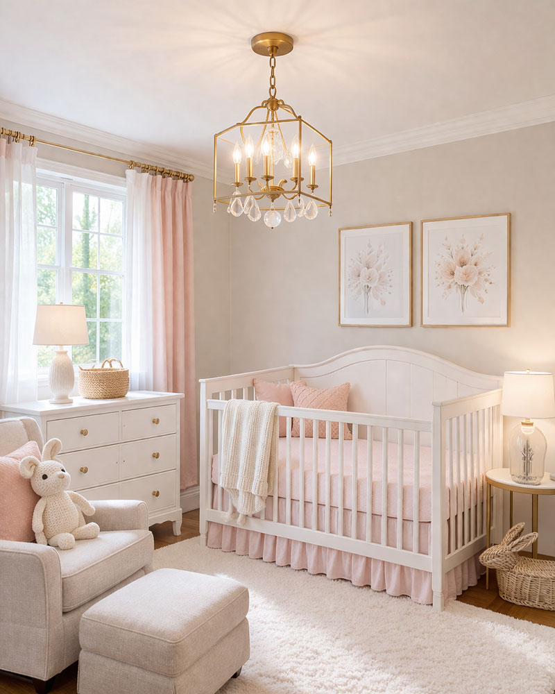 Open frame mini chandelier design in nursery with clear ceiling visibility