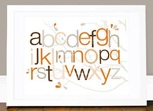 Olli and Lime Alphabet Picture print for an alphabet theme baby nursery in orange brown and white