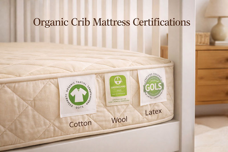 Organic crib mattress showing certification labels in a modern nursery