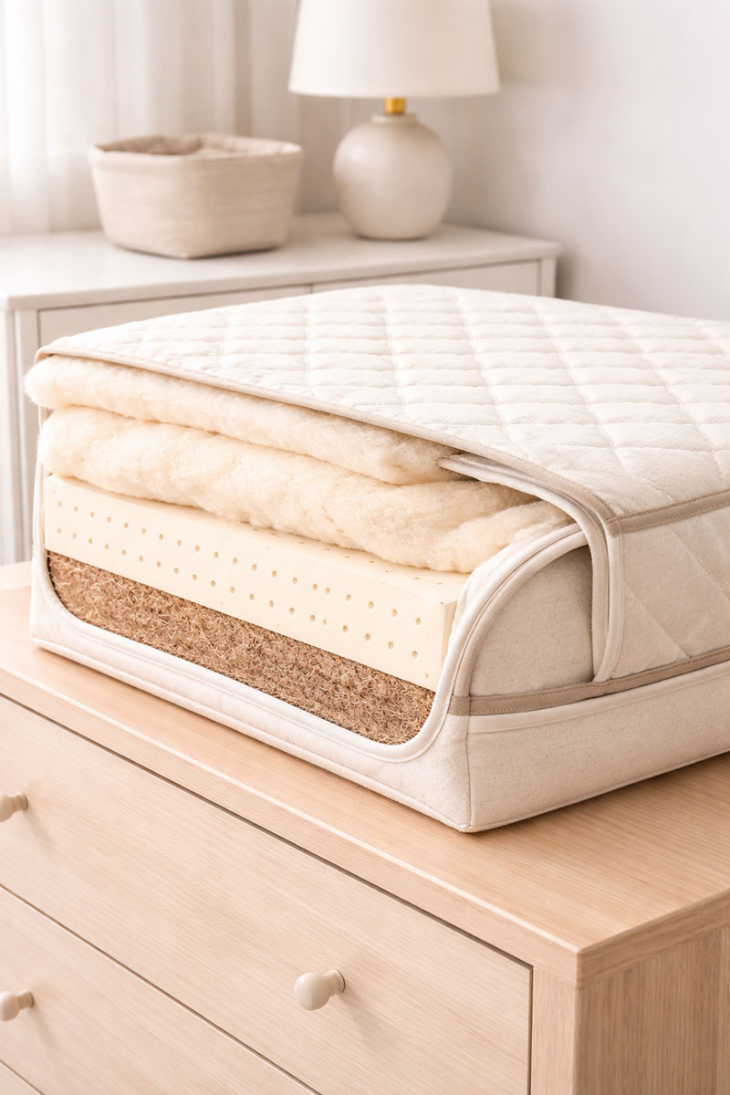 crib mattress internal layered construction showing support core and outer cover