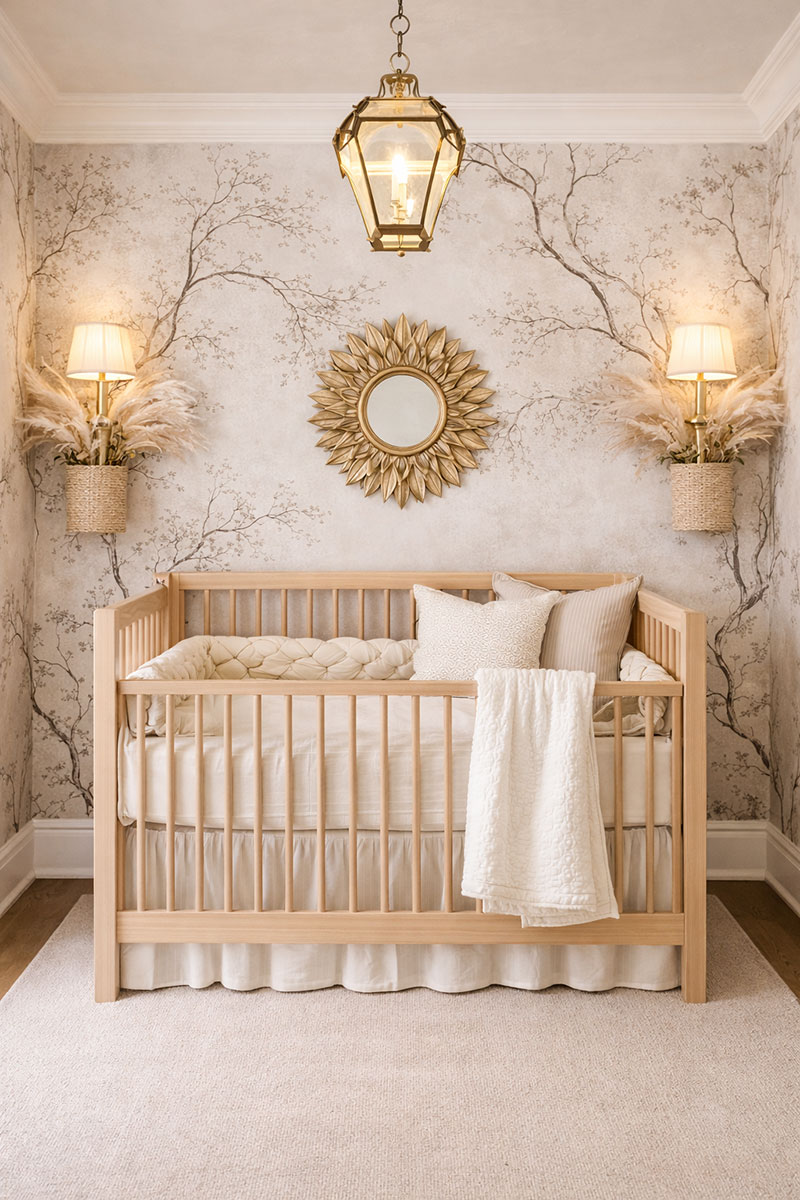 organic crib mattress in a high-end nursery with a modern crib and fitted bedding