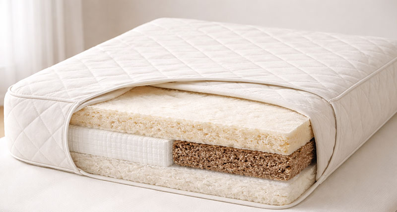 Natural crib mattress materials including cotton wool and latex arranged in a clean modern nursery