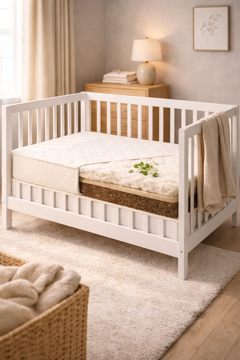 Organic crib mattress in a neutral nursery with clean bedding