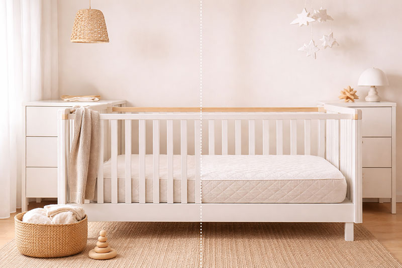 Side by side crib setup showing two clean firm mattress sleep spaces in a refined nursery