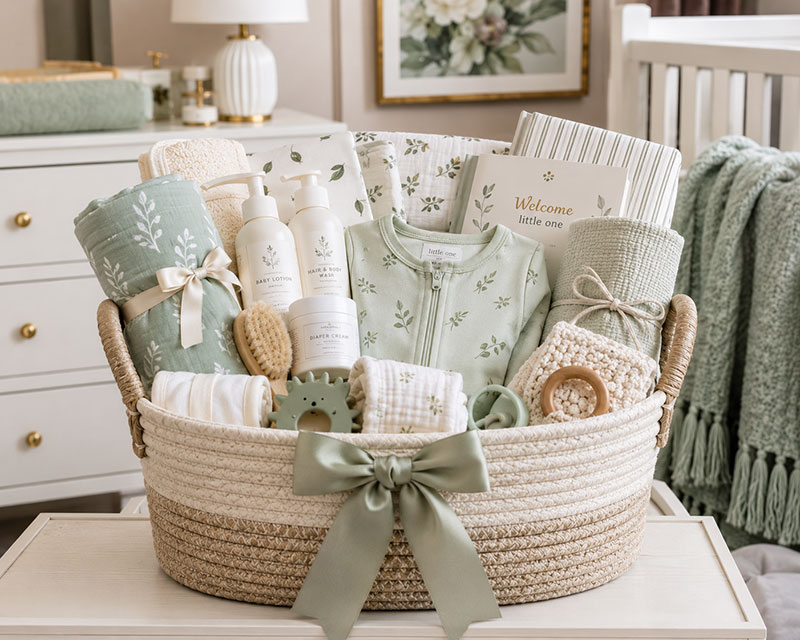 Organized baby shower basket with grouped newborn items inside reusable nursery storage bin