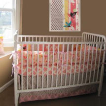 Colorful baby girl pink and brown bird themed nursery with custom baby bedding