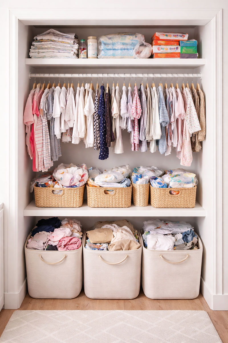 Overfilled nursery closet with mixed baby clothes and clutter before organization in a small space
