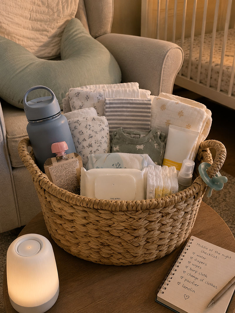 Realistic baby shower basket in use beside a nursery chair with practical newborn supplies