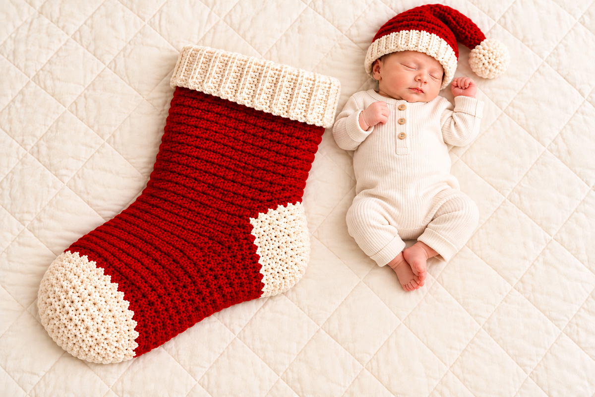 Oversized red crochet Christmas stocking with wide ivory ribbed cuff, shaped ivory heel and rounded toe beside a newborn in a matching red and ivory Santa hat on a cream quilted background