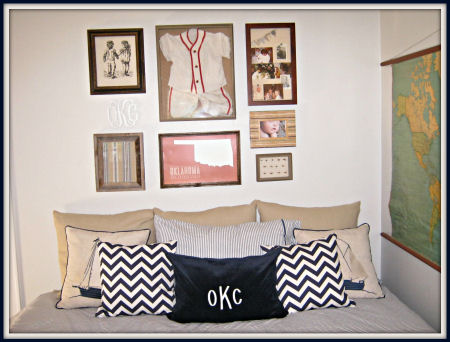Chevron stripe pillows and a vintage baseball jersey create a nice balance between the past and the present