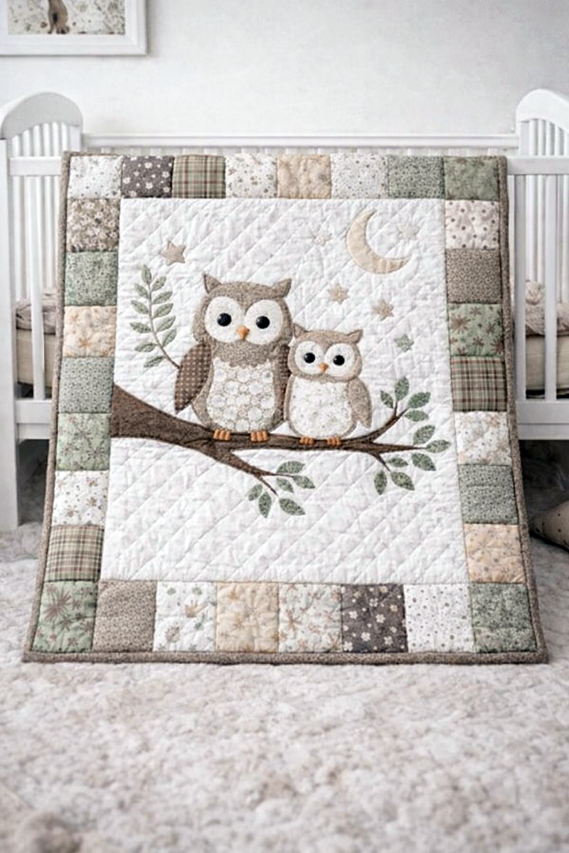 Handmade owl crib quilt in soft neutral colors displayed in a woodland nursery