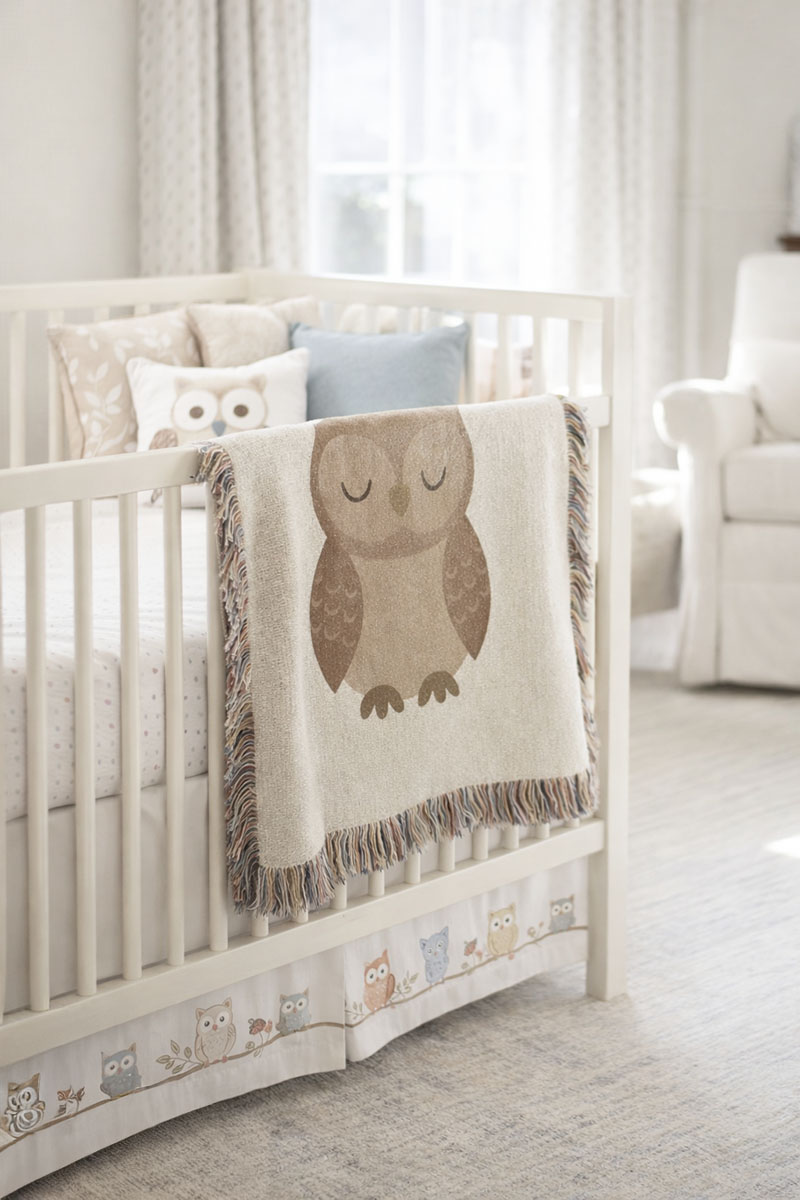 Owl nursery crib bedding with neutral woodland patterns and decorative pillows